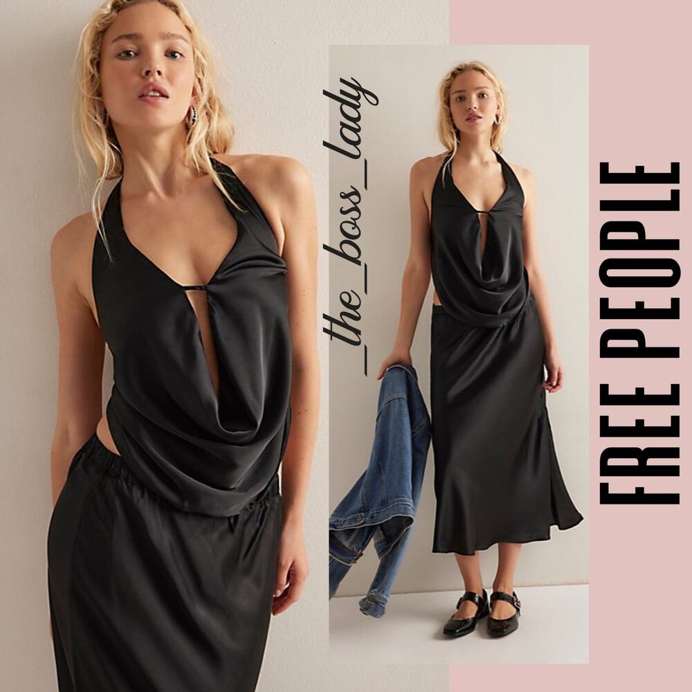 Free People skirt set co-ord top and midi skirt satin matching set boho Large